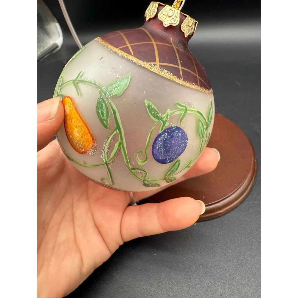 Hand Painted Glass Ornament Fruit Motif‎ Round Frosted with Gilded Red Top